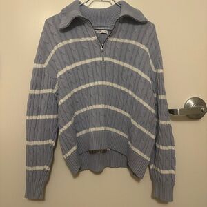 Hollister Light Blue & White Striped Cable Knit Half-Zip Sweater